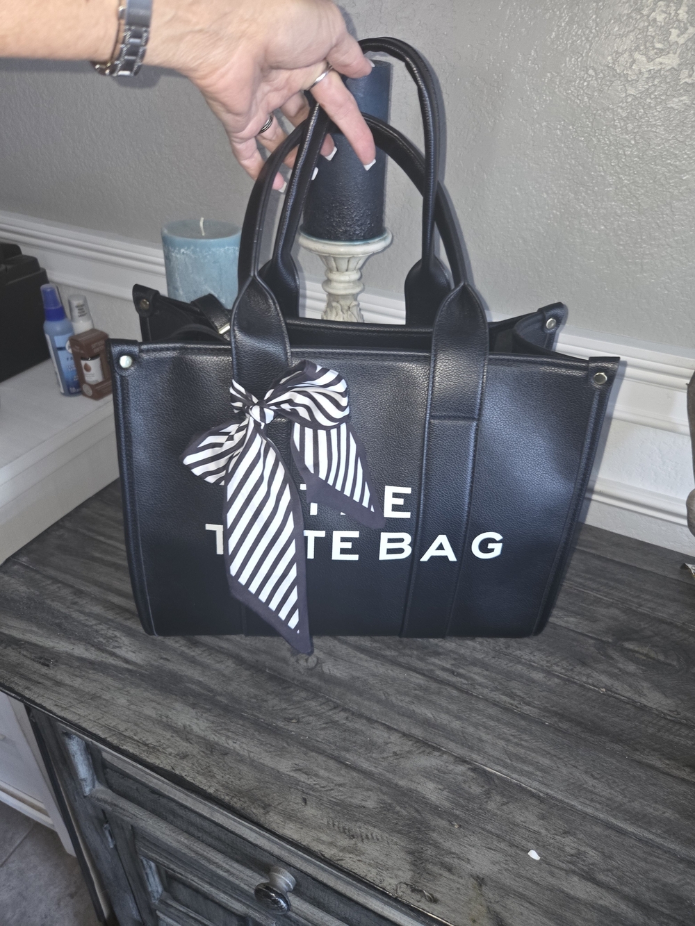 Black Faux-Leather Womens Tote Bag - Picture 2 of 13